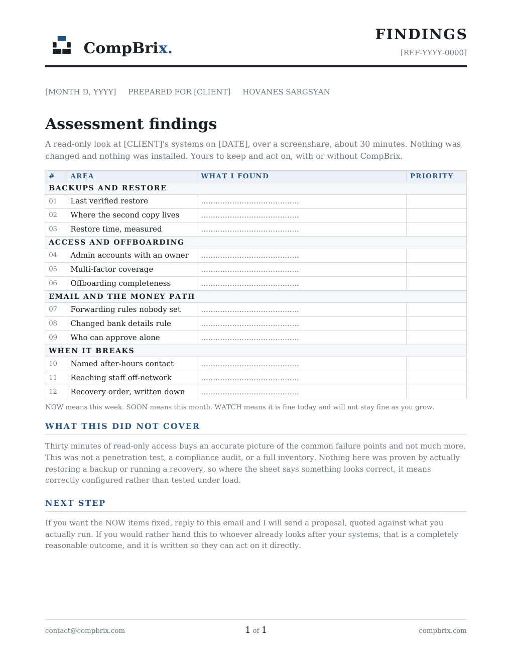 The CompBrix assessment findings sheet, shown as a blank template